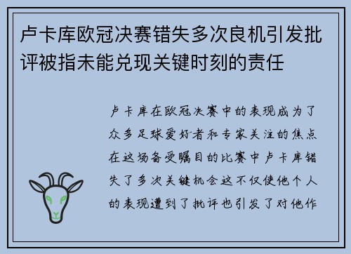卢卡库欧冠决赛错失多次良机引发批评被指未能兑现关键时刻的责任