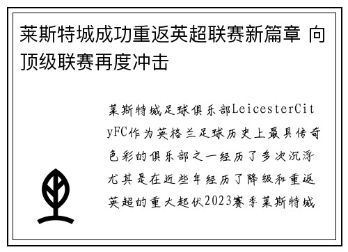 莱斯特城成功重返英超联赛新篇章 向顶级联赛再度冲击