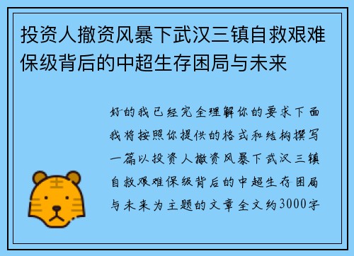 投资人撤资风暴下武汉三镇自救艰难保级背后的中超生存困局与未来